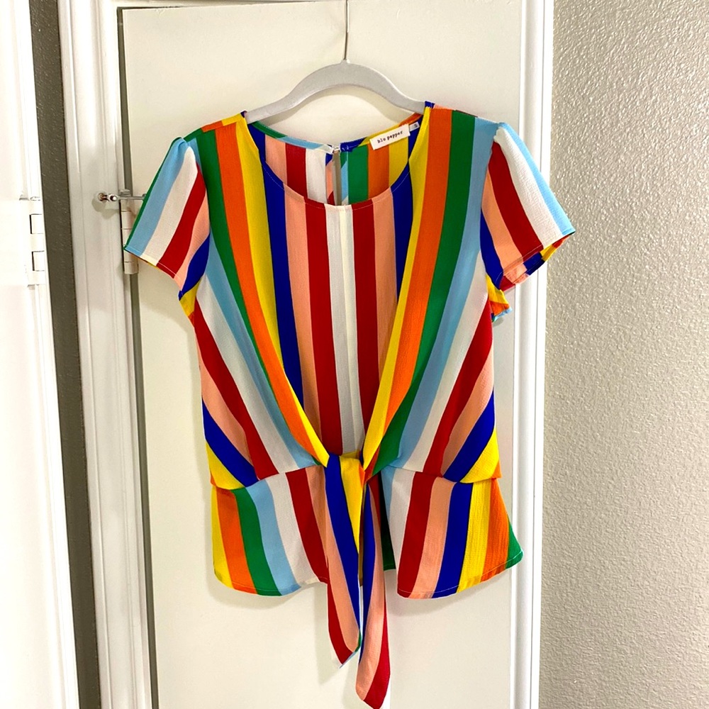 Blu Pepper Striped Front knot Blouse, Size Small